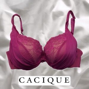 Cacique Fuchsia Lace Plunge Bra 40D Lane Bryant Magenta Push Up Lace